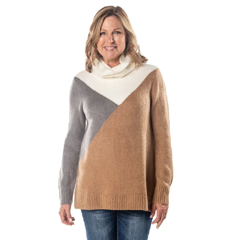 Color Block Turtleneck Tunic Sweater Elegant Classic Vintage