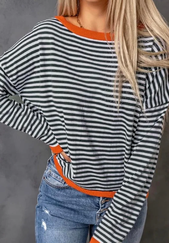 Contrast Trimmed Striped Drop Shoulder Sweater Lightweight Heavyweight Midweight