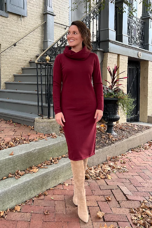 THE EMERY COWL NECK SWEATER DRESS IN BURGUNDY Zippered Buttoned Snapped