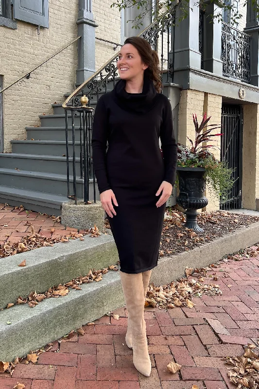 THE EMERY COWL NECK SWEATER DRESS IN EBONY Houndstooth Herringbone Solid