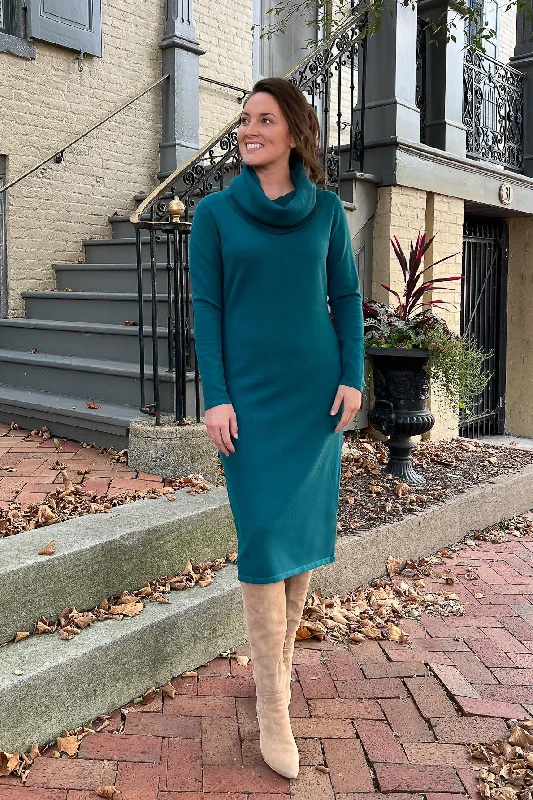 THE EMERY COWL NECK SWEATER DRESS IN EMERALD Polka Dot Checkered Tartan