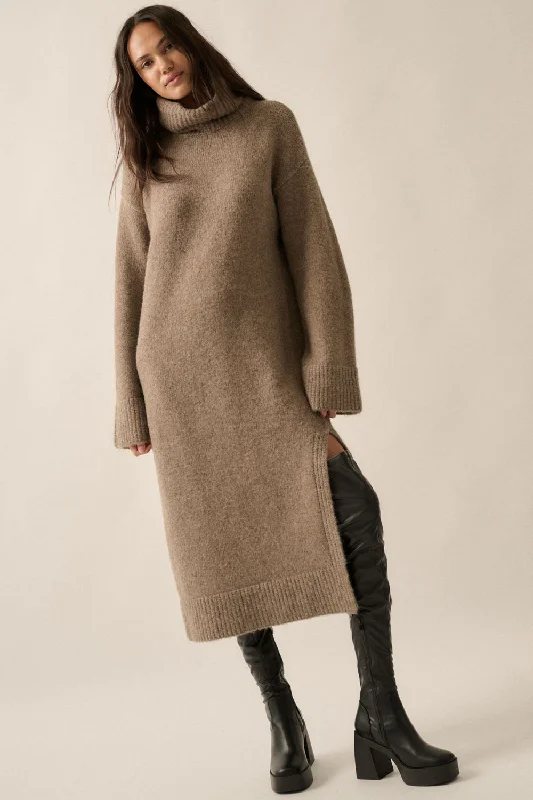 Cowl Neck Midi Sweater Dress- Mocha Stylish Fashionable Trendy