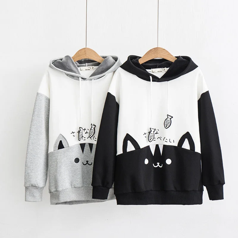 Cute cat color matching hooded sweater YV43669 Graphic Sweater Embroidered Appliqued