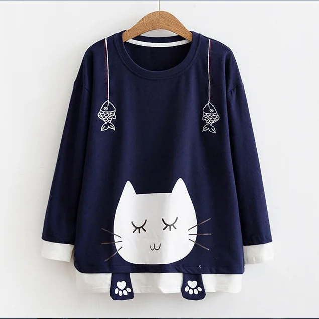 Cute cat is fishing print long sleeve hoodie sweater YV5064 Hooded Caped Shawl Collar