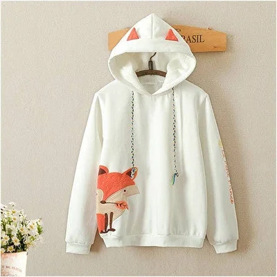 Cute little fox embroidery plus velvet hooded sweater yv2510 Lace Blend Ribbed Blend Corduroy Blend