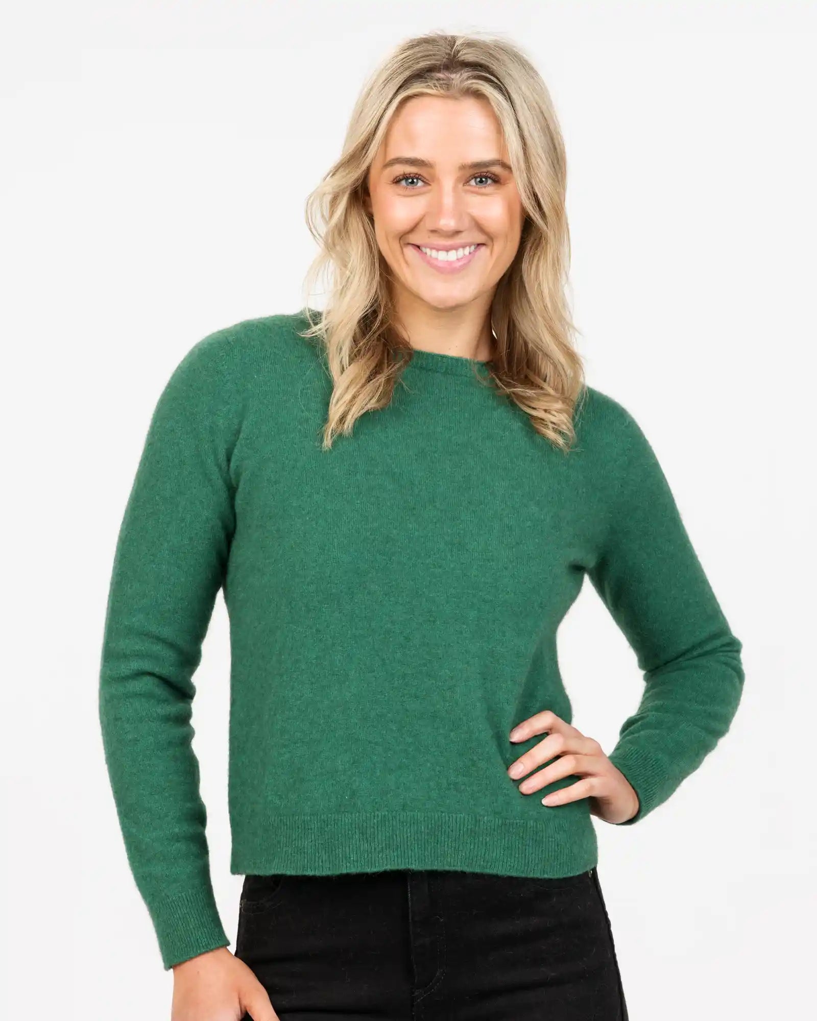 Deep Sage Women's Cropped Crew Neck Sweater - NB870 Handmade Hand-knitted Hand-woven