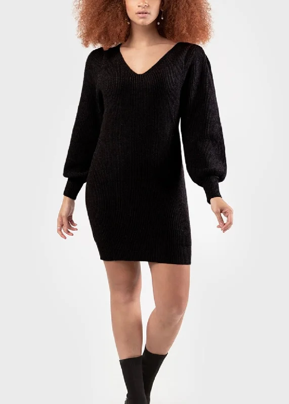Longsleeve V-Neck Sweater Dress in Black Thin Thick Dense