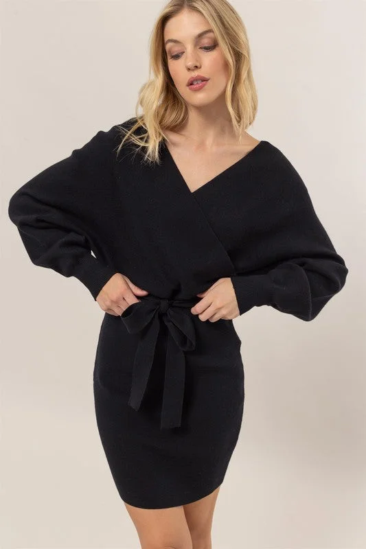 Drinks After Work Black Belted Sweater Dress Casual Formal Business