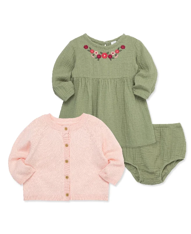 Embroidered Dress & Sweater Set (2T-4T) Zippered Front Buttoned Front Snap Front