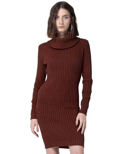 FabAlley Women's Acrylic Rust Knitted Sweater Dress Mini Dresses (Orange) Boat Neck Shawl Collar Notched Collar