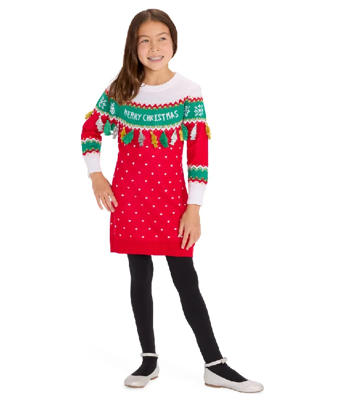 Girl's Merry Christmas Tassel Sweater Dress Jersey Fabric Tulle Fabric Batik Fabric