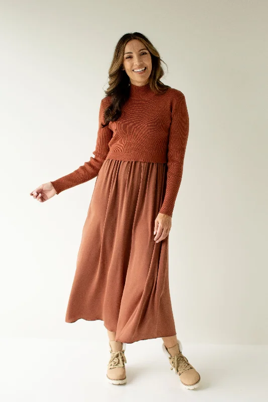 'Harriet' Muted Satin Sweater Mixed Maxi Dress in Cinnamon Handmade Hand-knitted Hand-woven 'Harriet' Muted Satin Sweater Mixed Maxi Dress in Cinnamon Handmade Hand-knitted Hand-woven