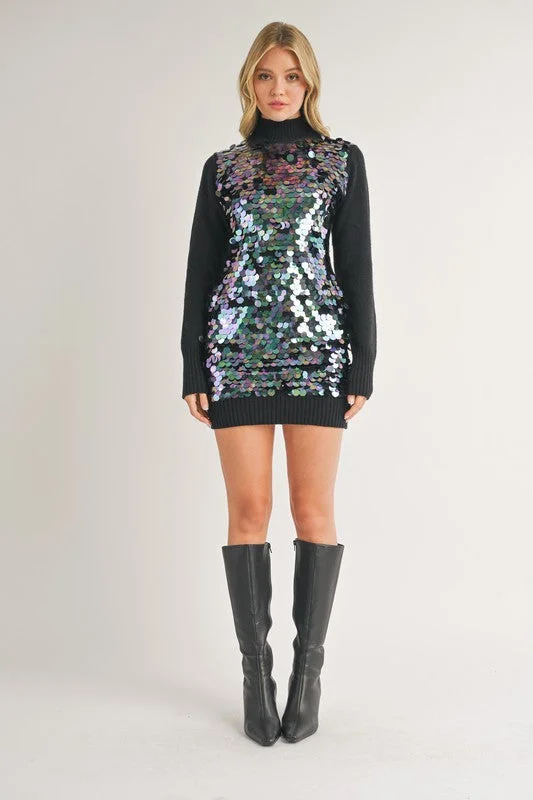 Hits The Spot Iridescent Sequin Sweater Dress Notch Collar Peter Pan Collar Cowl Neck