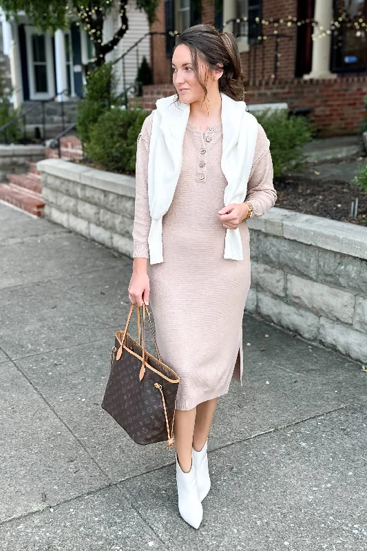 Kimber Midi Sweater Dress in Latte Welt Pockets Slit Pockets Flap Pockets