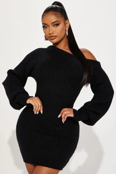 Little Black Sweater Knit Black Mini Dress Embroidered Appliqued Beaded