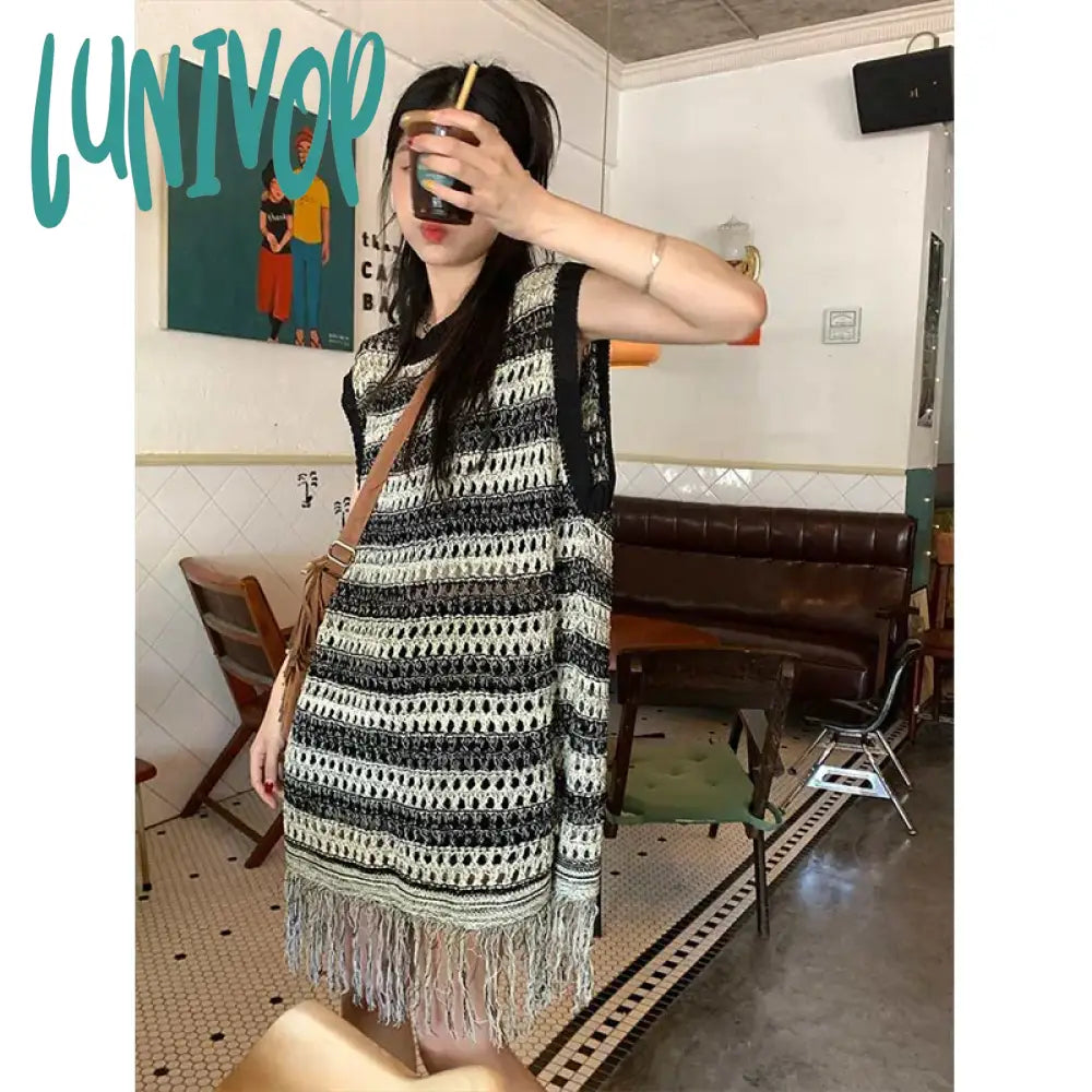 Lunivop Sleeveless Knitted Vest Women Striped Hollow Out Tassel Sweaters Vintage Harajuku Casual Outwear Korean Loose Jumpers Coat Nylon Fabric Polyester Fabric Spandex Fabric