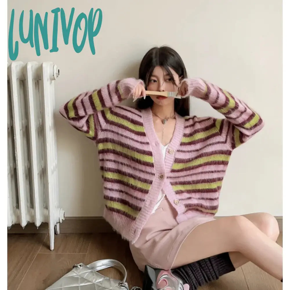 Lunivop Women Clothing Vintage Knitting Sweater Pink Chic Long Sleeve Casual Grey Fashion Simplicity Baggy Female Coat Winter Tops Spandex Rayon Corduroy