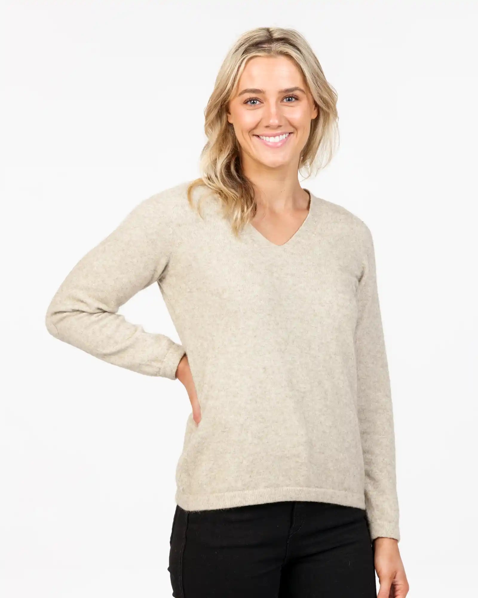 Natural Women's Vee-Neck Merino Wool Sweater - NB396 Glossy Satin Silk