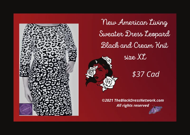 New American Living Sweater Dress Leopard Black and Cream XL Knit Welt Pockets Slit Pockets Flap Pockets