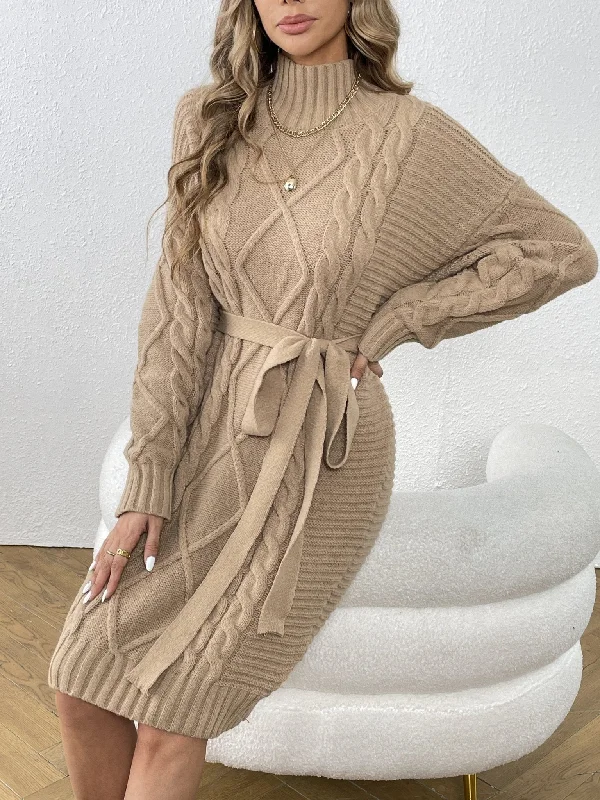 Nine 11 Cable Knit Sweater Dress, Casual High Neck Long Sleeve Dress, Women's Clothing Lace Blend Ribbed Blend Corduroy Blend