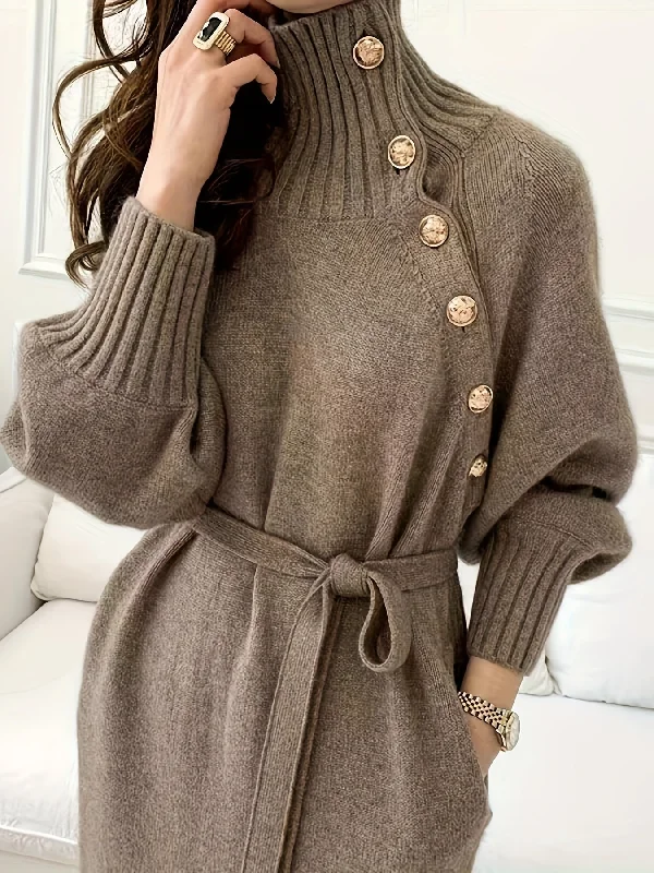 Nine 11 Elegant French-Inspired Over-the-Knee Sweater Dress - Chic Mid-Length Knit with Button Detail, Perfect for Fall & Winter Ribbed Striped Patterned Nine 11 Elegant French-Inspired Over-the-Knee Sweater Dress - Chic Mid-Length Knit with Button Detail, Perfect for Fall & Winter Ribbed Striped Patterned