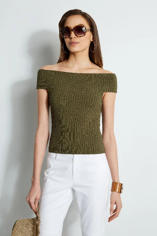 Off Shoulder Rib Sweater Front Pockets Side Pockets Patch Pockets