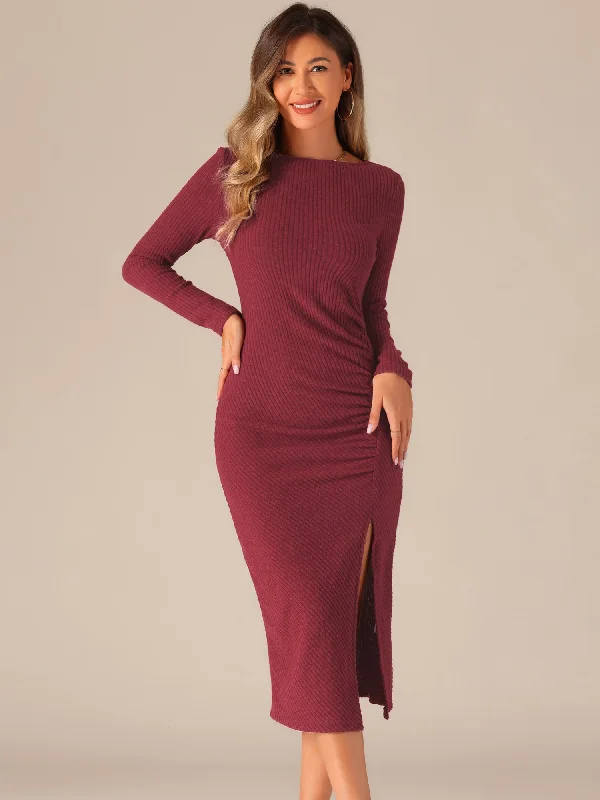 Casual Long Sleeve Crew Neck Ruched Slit Knitted Midi Sweater Dress Nylon Fabric Polyester Fabric Spandex Fabric