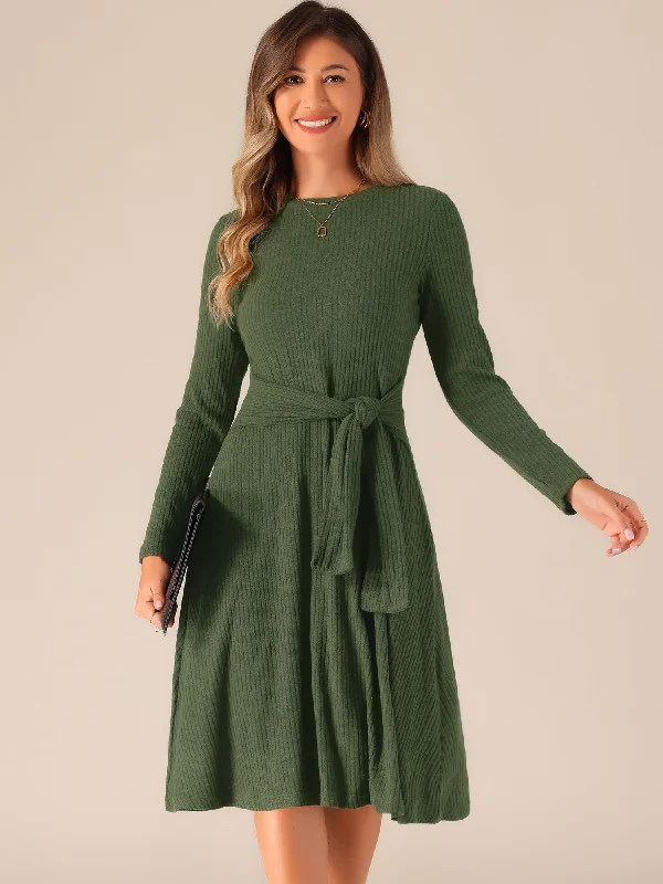 Ribbed Knit Crew Neck Long Sleeve Midi Sweater Dress Boat Neck Shawl Collar Notched Collar