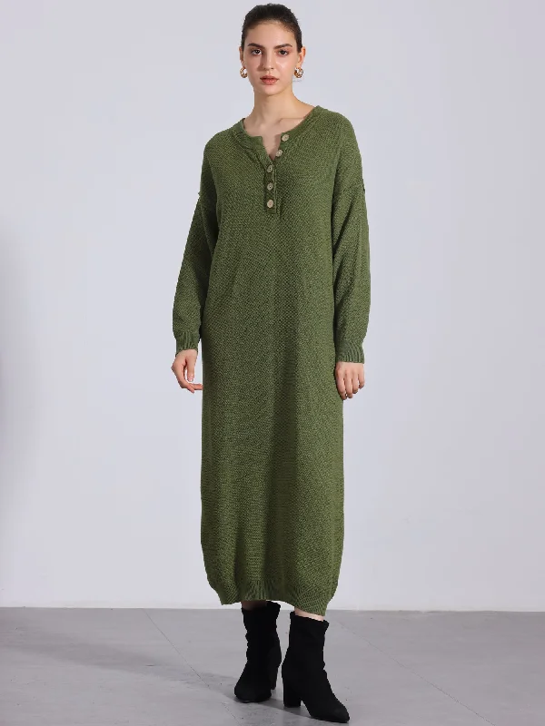 Knit Long Sleeve Buttons Crew Neck Midi Sweater Dress Oversized Loose Flowy