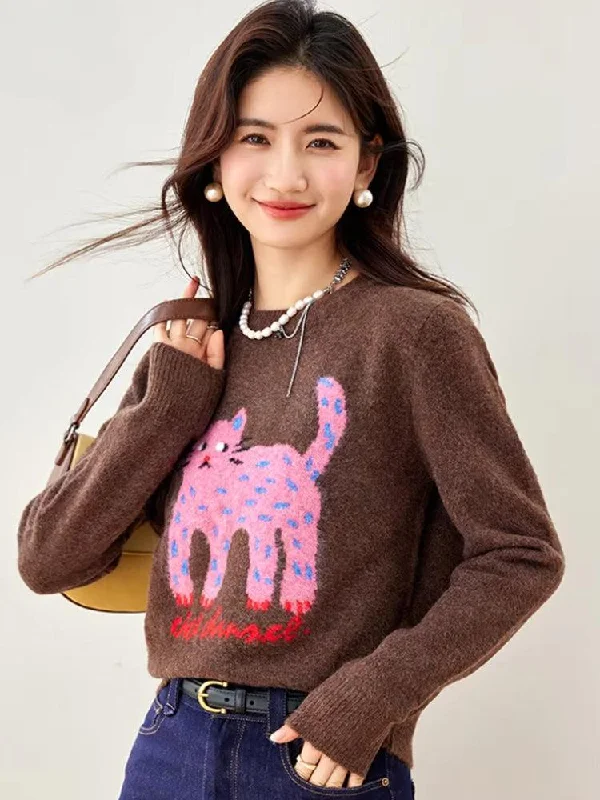 Pink Cat Sweater High Neck Crew Neck V-Neck