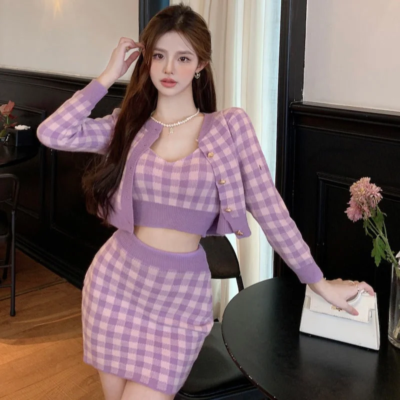 Plaid sweater skirt three-piece set yv31631 Tailored Straight A-Line