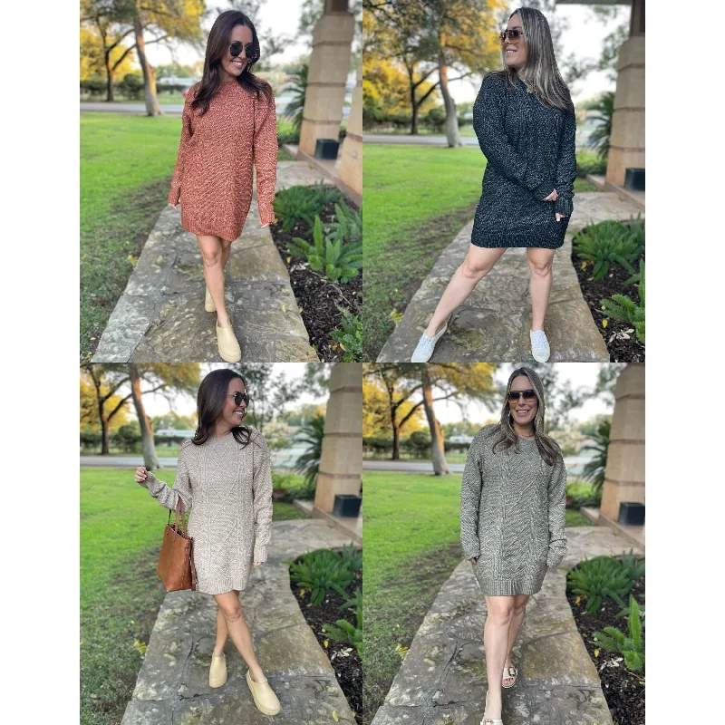 PREORDER: So Delightful Cable Knit Sweater Dress in Four Colors High Neck Crew Neck V-Neck PREORDER: So Delightful Cable Knit Sweater Dress in Four Colors High Neck Crew Neck V-Neck