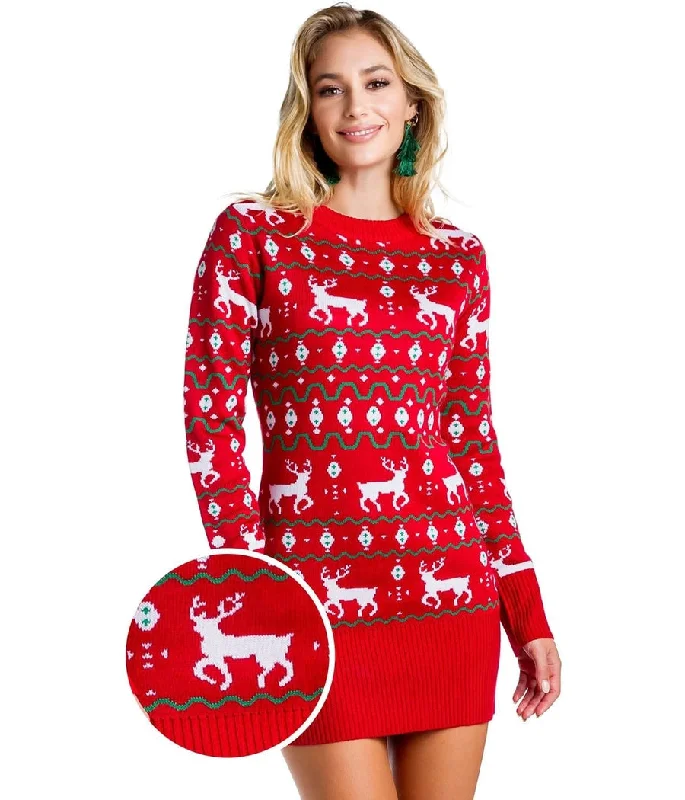 Women's Red Reindeer Sweater Dress Sweater Knitwear Pullover