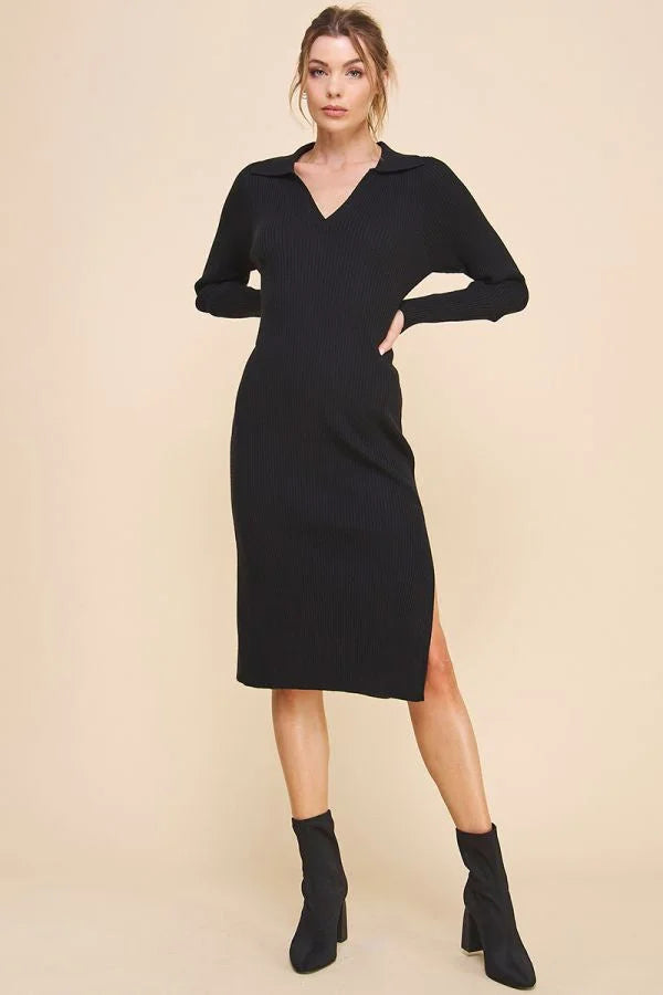 RIBBED V-NECK COLLARED SWEATER DRESS Collared Crew Neck Turtle Neck