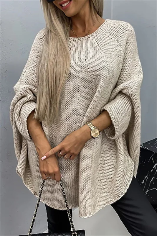 Round Neck Batwing Sleeve Sweater Solid Print Embellished