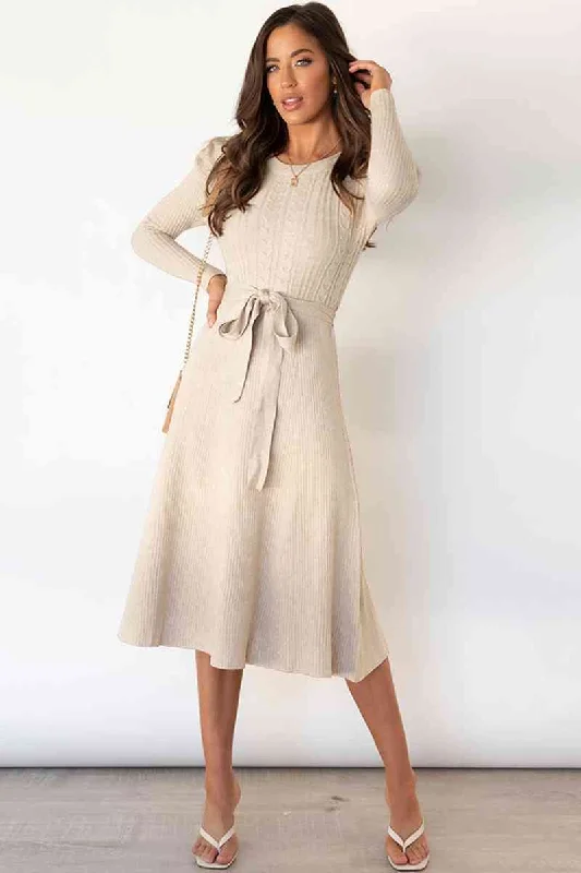 Round Neck Long Sleeve Tie Waist Sweater Dress Polka Dot Checkered Tartan