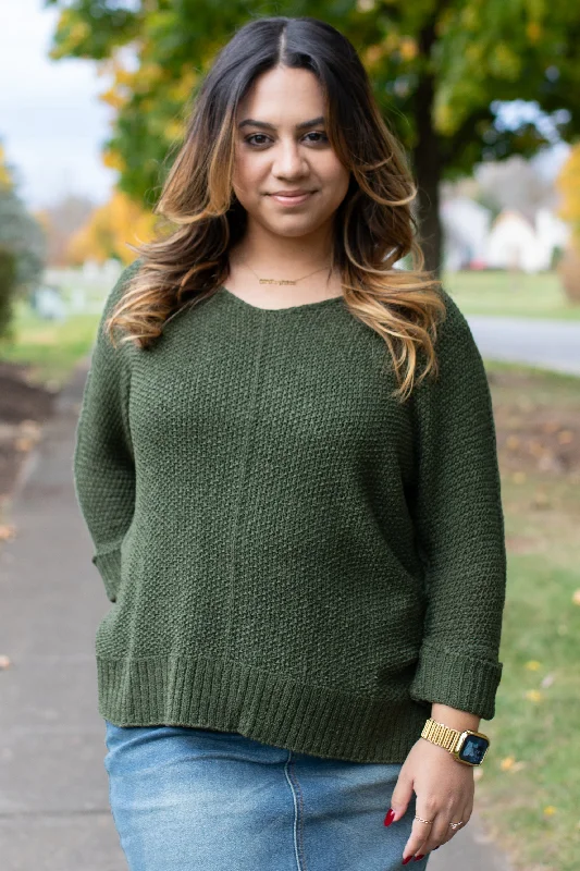 Sloane Crew Neck Knit Sweater in Olive Stretchy Elastic Breathable