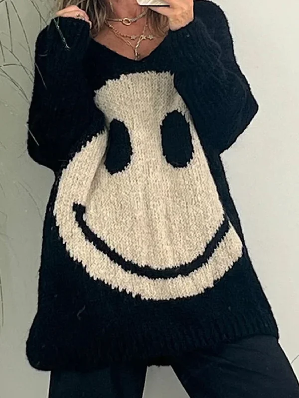 Smiling Face V-Neck Long Sleeve Sweater Toggled Drawstring Belted
