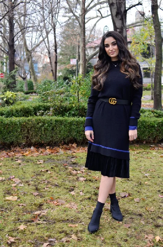 Sweater Dress (Black/Royal Blue) Notch Collar Peter Pan Collar Cowl Neck