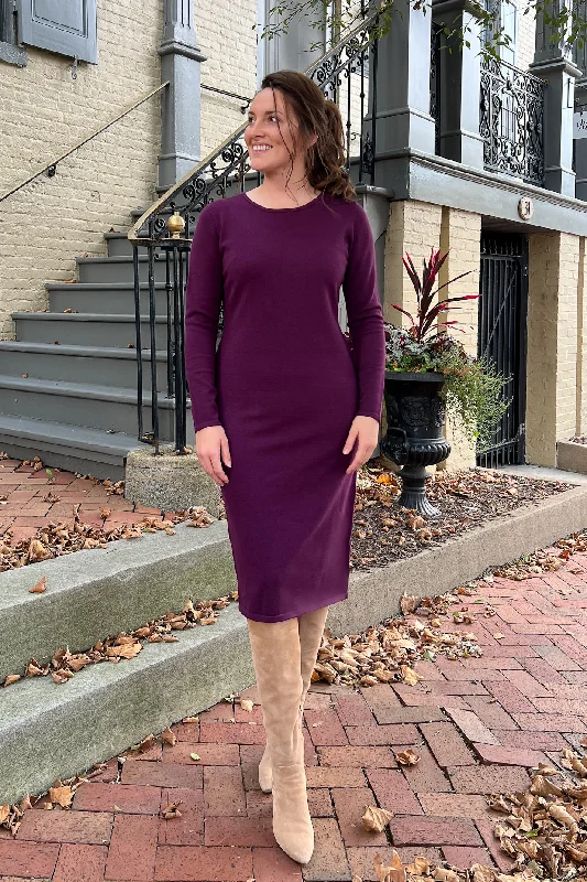 THE QUINN EVERYDAY SCOOP NECK SWEATER DRESS IN DK PURPLE Spandex Blend Rayon Blend Denim Blend