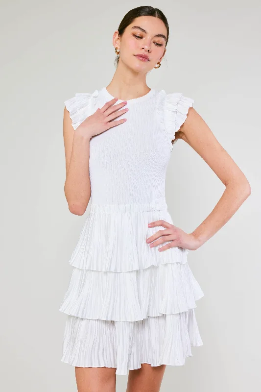 Pleated Skirt Sweater Dress Front Pockets Side Pockets Patch Pockets