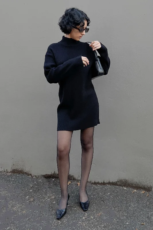 MINI TURTLENECK SWEATER DRESS Spandex Blend Rayon Blend Denim Blend