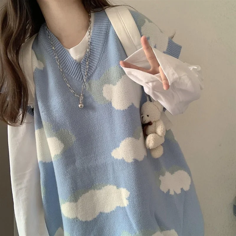 Ulzzang blue sky sweater YV44490 Turtle Neck Boat Neck Asymmetrical Neck