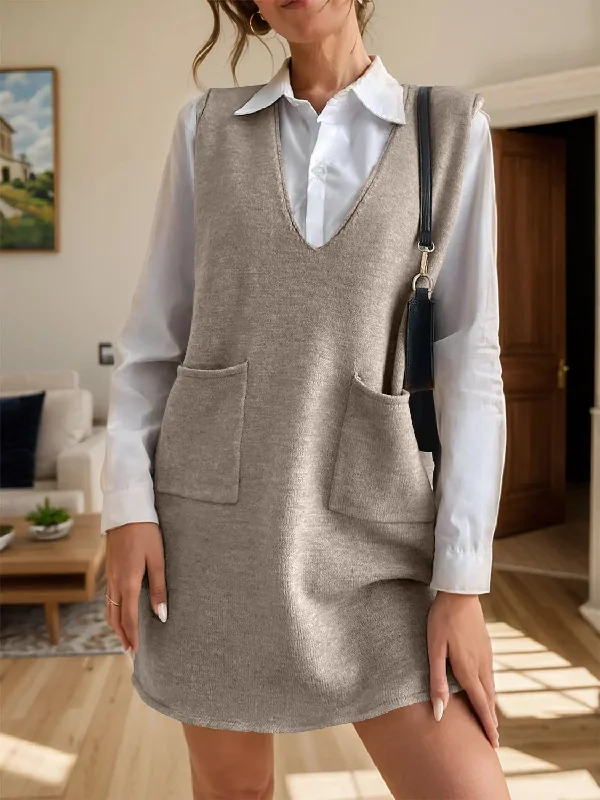 V-Neck Sleeveless Sweater Dress with Pockets Print Jacquard Patchwork