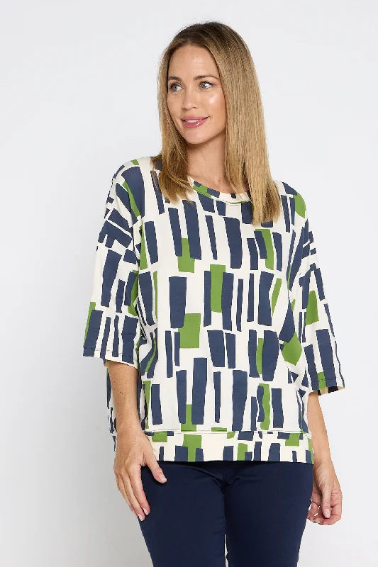 Valley Sweater - Navy/Green Geo Print Ribbed Striped Patterned