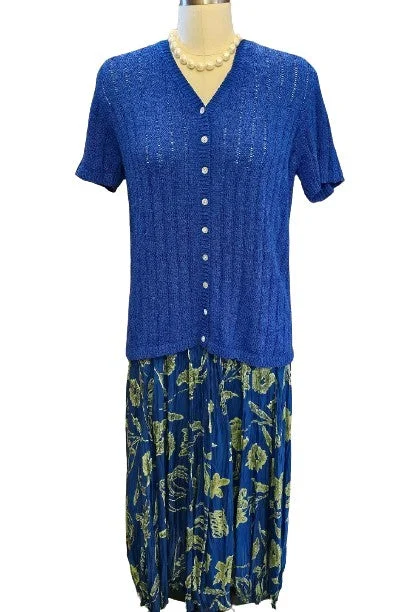 VINTAGE MELROSE STUDIO ROYAL BLUE SILK POLY SWEATER AND SILK PLEATED SKIRT OUTFIT SWEATER AND SKIRT OUTFIT BLUE SWEATER PLEATED SILK SKIRT Terry Blend Velvet Blend Canvas Blend
