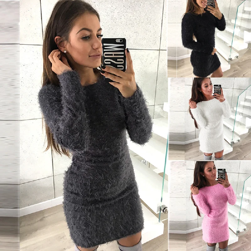 Women Winter Long Sleeve Solid Sweater Fleece Warm Basic Short Mini Dress Tailored Straight A-Line