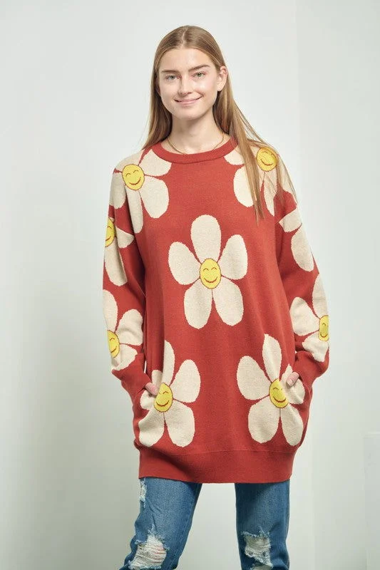 Happy Face Floral Print Knit Sweater Casual Formal Business