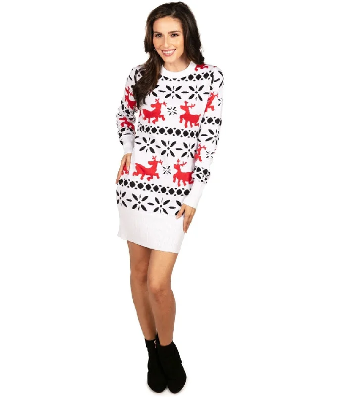 Women's Red and White Reindeer Sweater Dress Handmade Hand-knitted Hand-woven