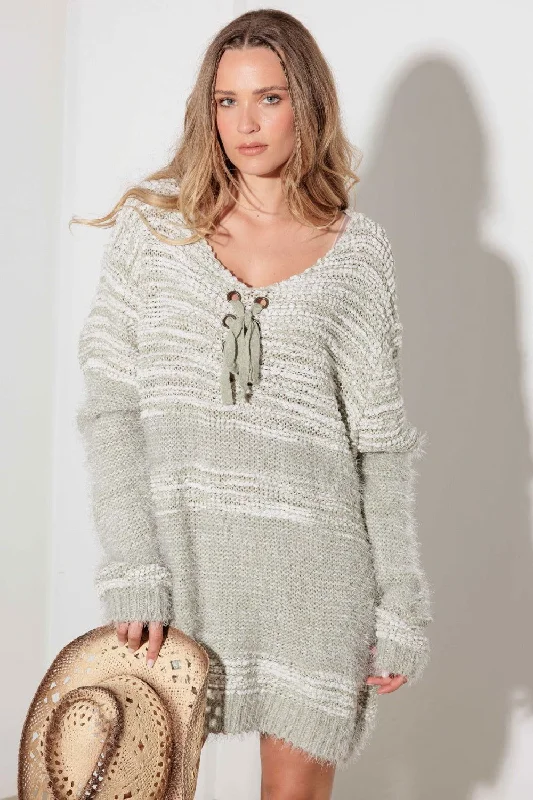 Thinkable Mixed-Stitch Front Tie Sweater Dress Cable Knit Ribbed Knit Lace Knit